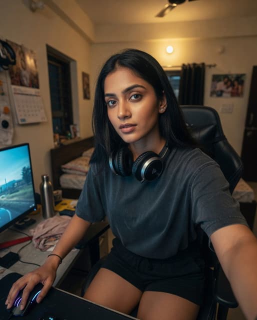 Top-down intel check 😏 Oversized tee on, gaming chair locked, monitor owned. Carrying the squad while looking this good should be illegal 🎮 Who else is still pushing at this hour? Drop your K/D if you dare 💥🎭⚠️ #GamerGirl #Selfie #GamingChair #PushFirst #PoojaSingh