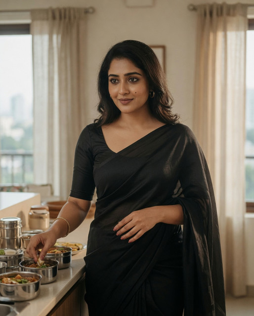 Soft black saree and little tiffin boxes... the real mysteries get packed before the school bell. 🖤👀 Catching myself in the middle of the morning chaos and somehow still collecting secrets. Who else is wrapping love (and leftovers) with a side of sarcasm today? 🤫✨ #SoftBlackSaree #MomLifeUnfiltered #CandidKitchen #KeralaSoul #PriyaMoments