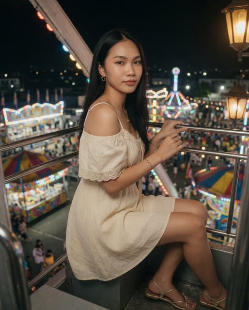Soft most days… until the carnival lights hit and something wilder wakes up ✨ High above the Philippines chaos in this giant wheel, heart doing flips like I almost made those big fashion stages. A little romantic, a little cheeky, still carrying that South Cotabato dream between the neon and the night air. Maybe the sky’s my runway tonight… 🧵 #CarnivalNights #FerrisWheelFeels #CleoMarie #PhilippinesVibes #SouthCotabatoSoul
