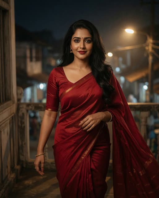 Red saree, red lips, and a night that knows how to keep secrets... ❤️👀 Village balcony, street lamp watching me walk right into the frame. Some stories look better from below. Careful, I might collect yours next. 🤫✨ #RedSaree #VillageNights #LowAngleMystery #PriyaMoments #KeralaSoul