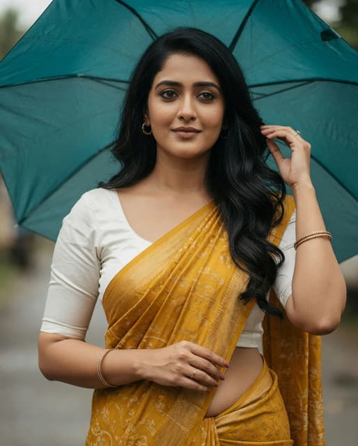 Mustard yellow and a teal umbrella... some secrets prefer a little shade before they spill. 👀 Looking sideways at the stories the daylight almost catches. Careful, I might start collecting yours next. 🤫✨ #MustardSaree #TealUmbrella #KeralaSoul #PriyaMoments #AlluringMystery