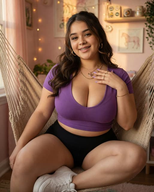 caught me being a total snack in my banana hammock 😌 purple top doing the most for the cleavage while these black shorts and soft curves just steal the show~ come swing with me, fries optional but focus mandatory 😘🍌✨ #BananaHammockVibes #PurpleMood #SoftCurves #ChubbyAndCute #BrielleVibes #FlirtyChill #PastelChaos